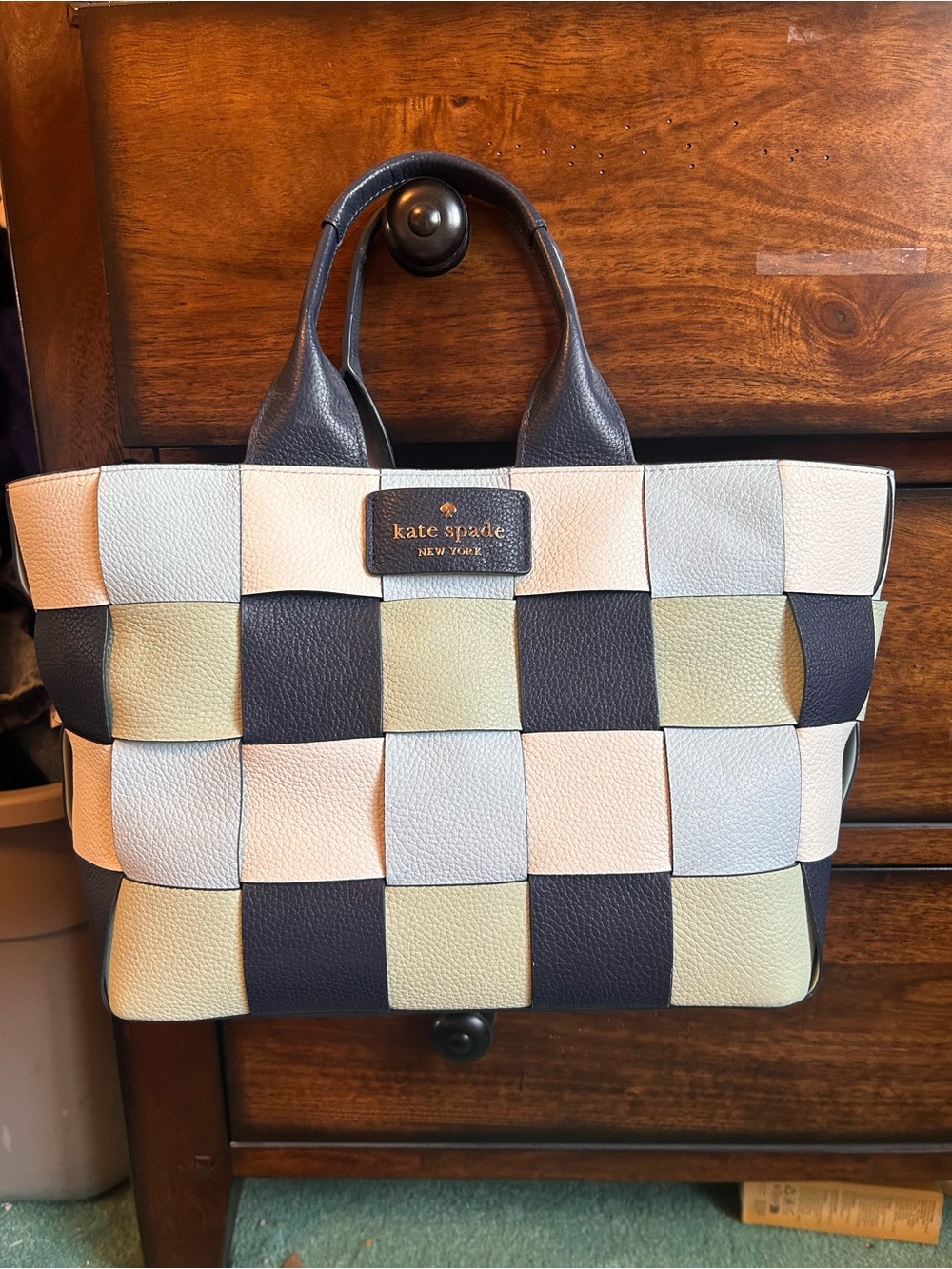 kate spade Woven Colorblock Leather Tote in Navy, Ivory & Pale Green